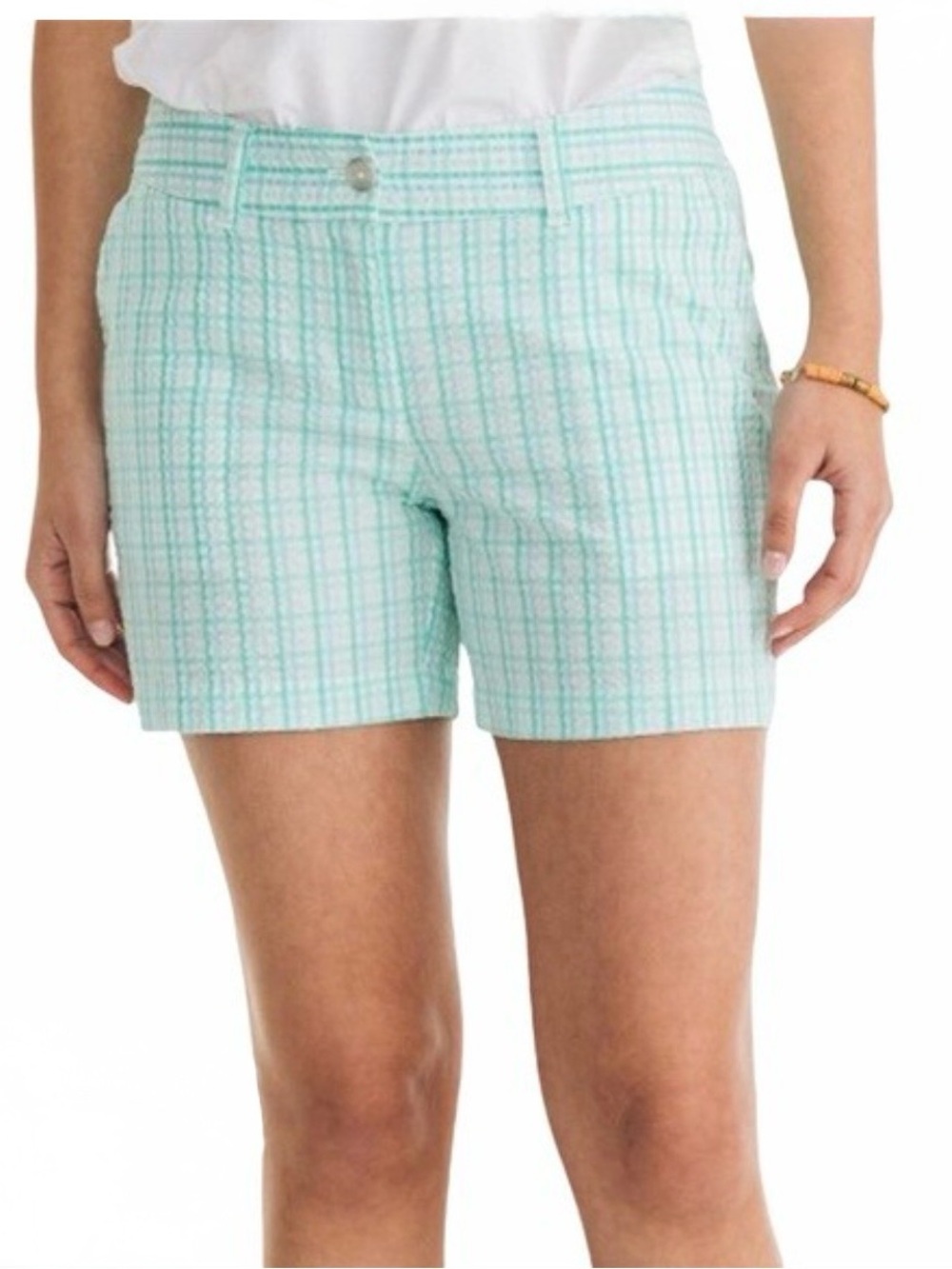 Southern Tide Caroline Cotton Seersucker Short in Bermuda Teal Gingham Size 10